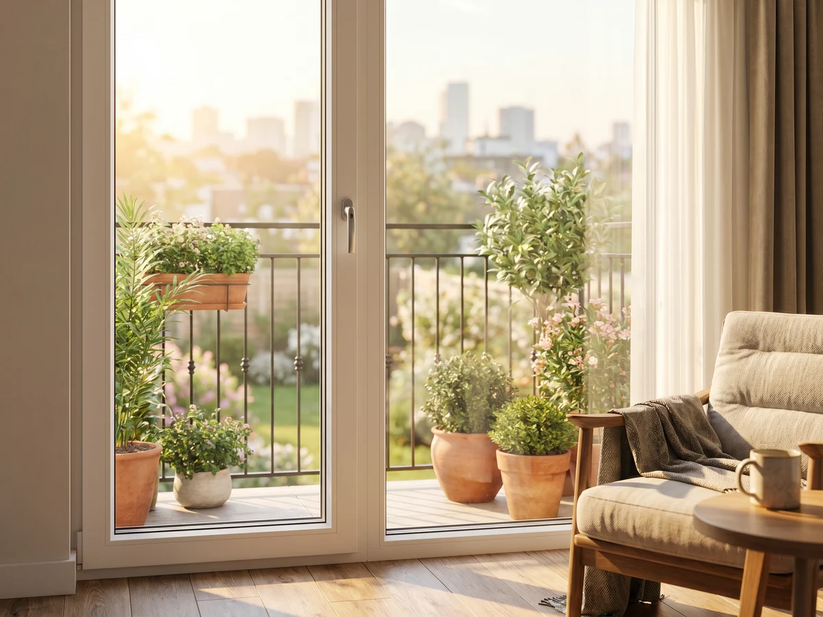 Białe drzwi balkonowe PCV otwarte na balkon z zielenią