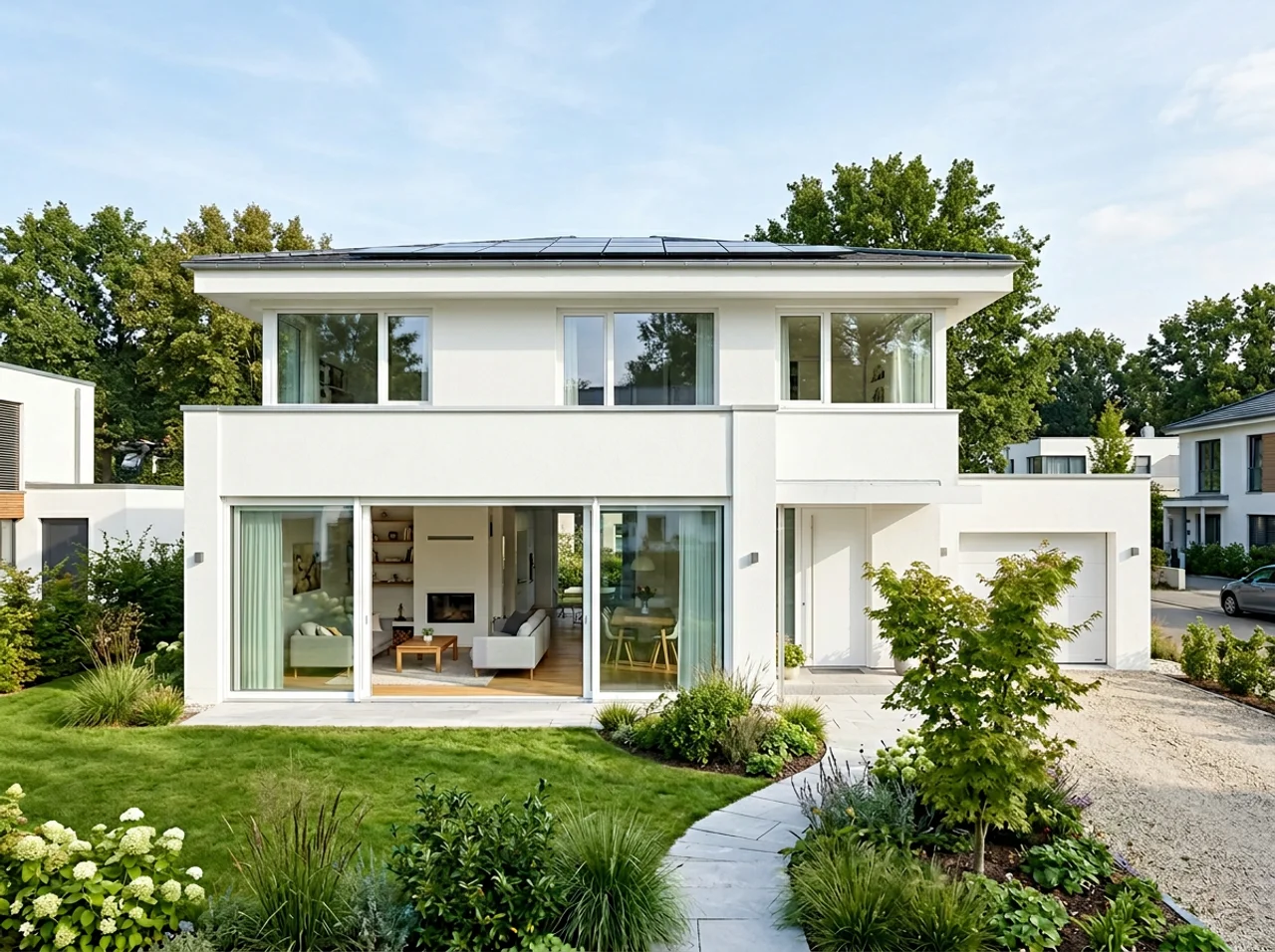 Nowoczesny dom z dużymi oknami PVC – widok zewnętrzny